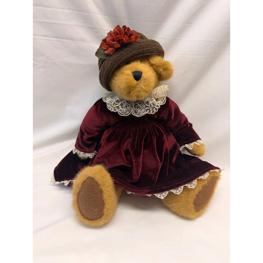 Boyds Collection Archive Series Teddy Bear Burgundy Velvet Dress Lace Hat 12in